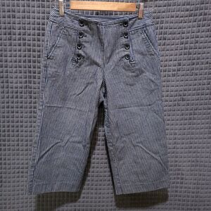 Navy Striped Sailor Capris Pants 6P 30x20 High Rise Button Front Wide Leg Cotton